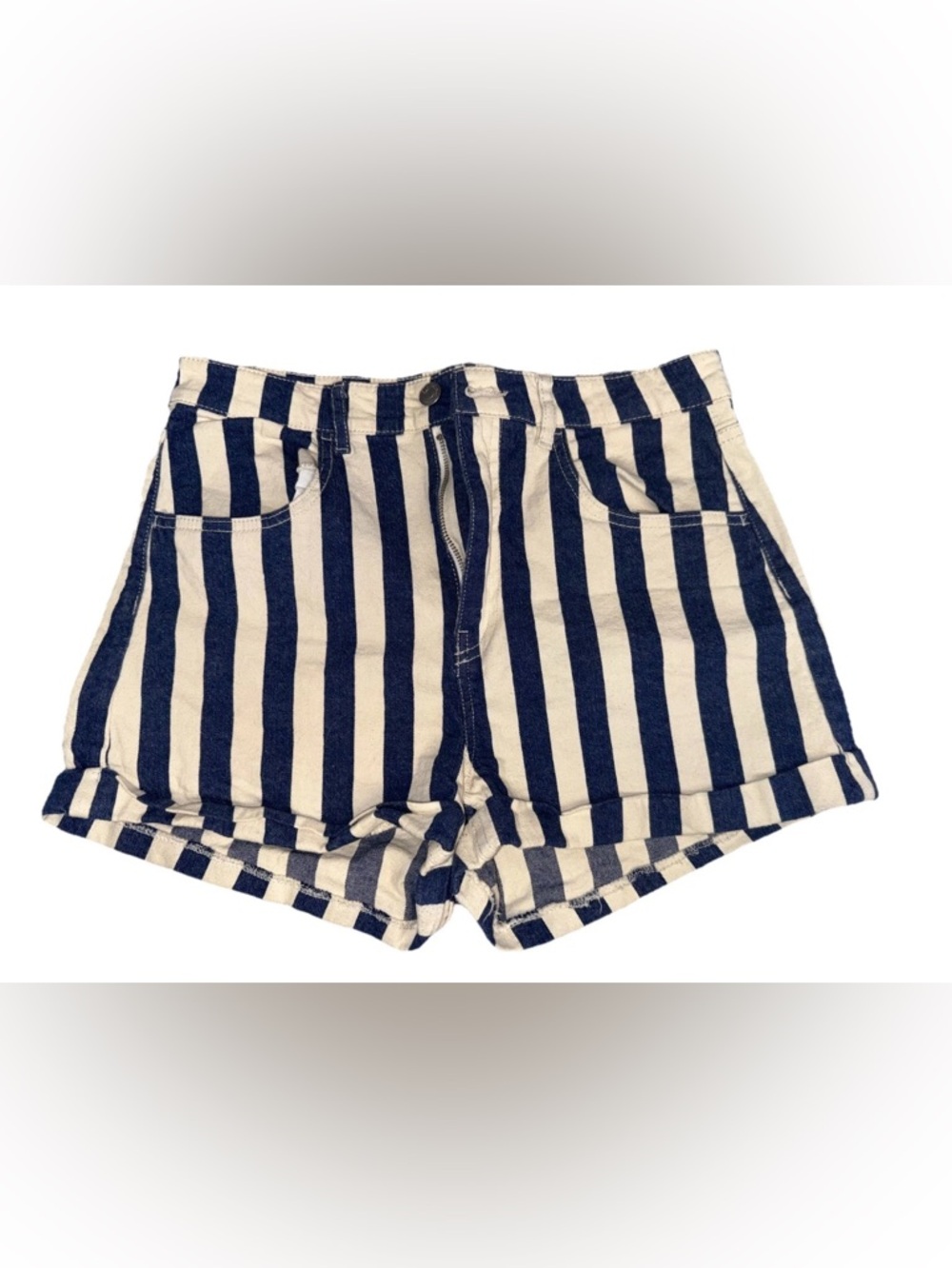 H&M Navy and Cream Vertical Stripe Denim Shorts Size: 12